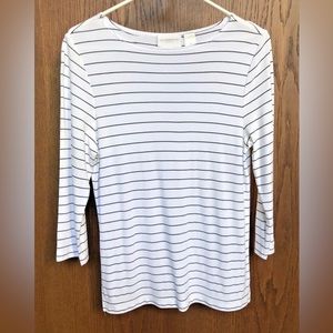 Liz Claiborne Women's 3/4 Sleeve Shirt Medium White Black Stripes Stretchy